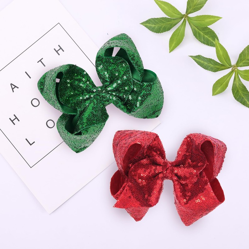 AMYDECOR 8 Inch Green Sparkly Glitter Sequin Hair Bows for