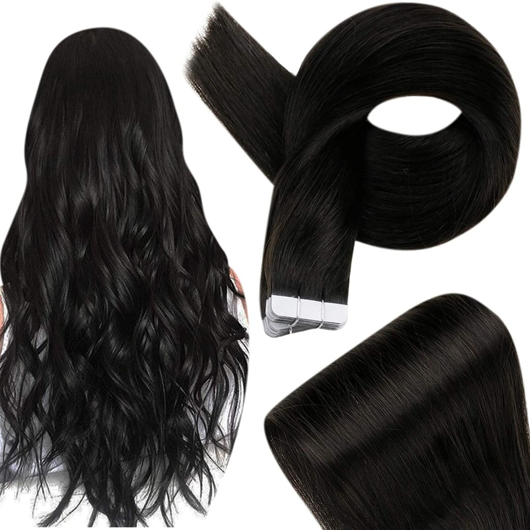 Fshine Double Sided Tape In Hair Extensions 16 Inch Straight Human Hair For Women Color 1B Off Black Tape in Human Hair Extensions 20 Pcs 50 Grams Invisible Brazilian Hair Tape in Extensions