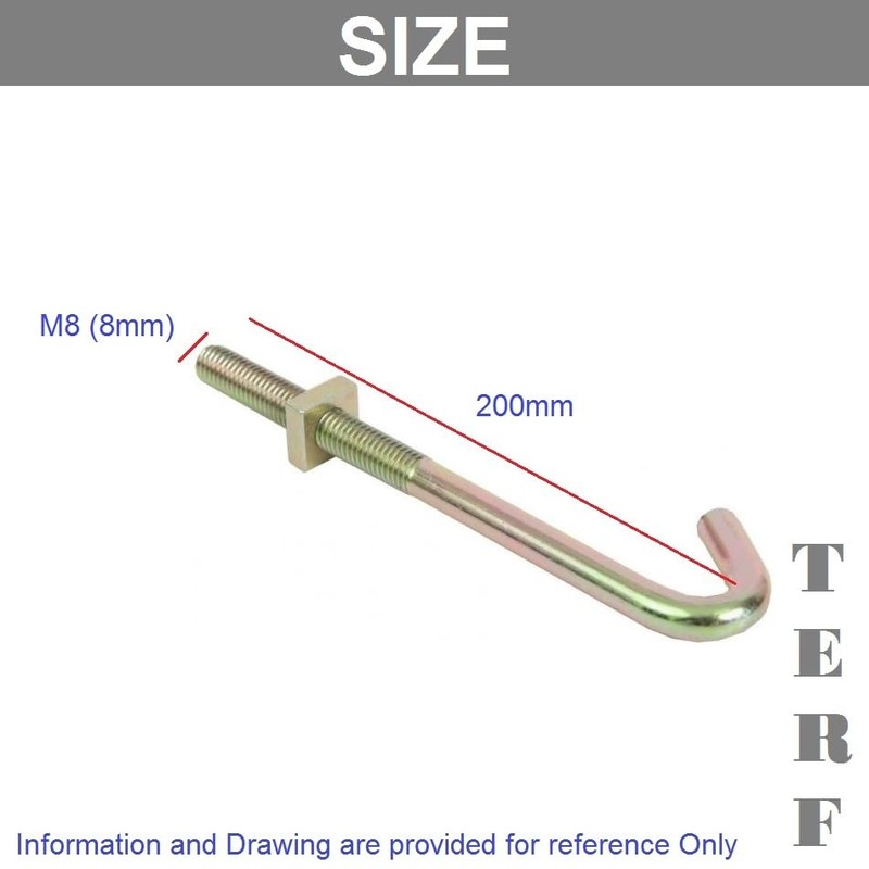 TERF® M8 X 200mm J Hook Bolts Zinc Yellow Plated