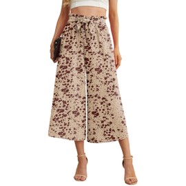 IWOLLENCE Women Flowy Loose Wide Leg Pant Summer Beach Casual Trousers high Waist Adjustable Knot Business Work Casual Pants Apricot Floral Medium