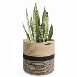TIMEYARD Sturdy Jute Rope Plant Basket Modern Woven Baskets for 10" Flower Pot Floor Indoor Planters, 11” x 11” Storage Organizer Basket Rustic Home Decor, Black and Beige Stripes