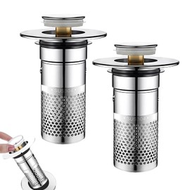 2 PCS Bathroom Sink Drain Stopper Bathroom Sink Strainer Hair Catcher Universal Stainless Steel Pop up Sink Drain Filter Anti Clogging Pop Up Bathtub Sink Strainer with Anti-Clogging Basket