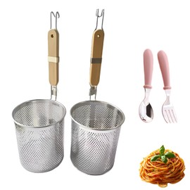 2 PCs Pasta Basket Set with Handle, Asian-Style Ramen Noodle Strainer Mesh with 1 Spoon Set, Pasta Inserts for Pots, Stainless Steel Noodle Boiling Basket for Easy Steaming and Draining with Spoon Set
