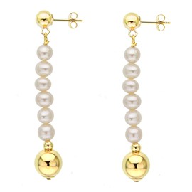 14K Yellow Gold Stud Earrings with 4.5-5mm White Freshwater Cultured Pearl and 8mm Yellow Gold Ball