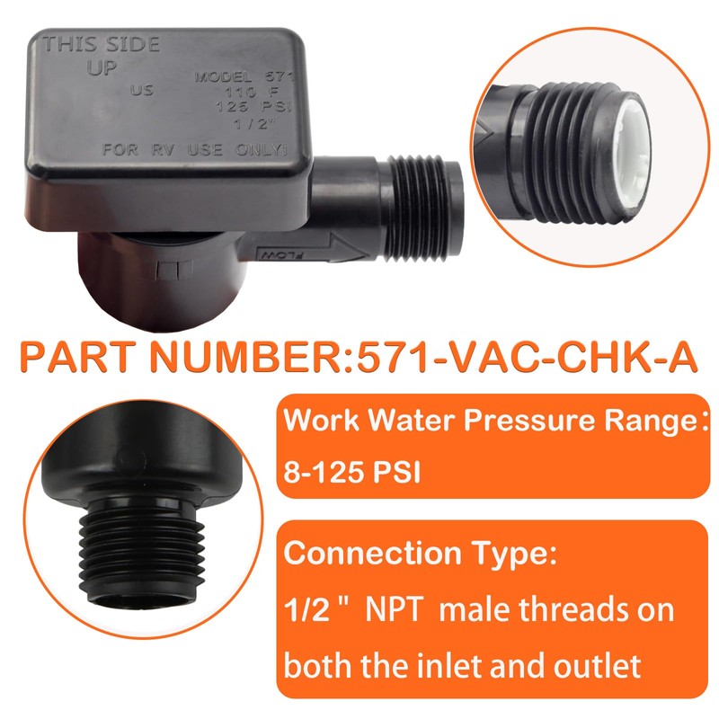 RV Vacuum Breaker Check Valve,571-VAC-CHK-A Camper RV Black Tank Check