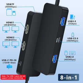 Laptop Docking Station Dual Monitor for Dell/HP/Lenovo/Mac, HDMI Splitter for Dual Monitors Extended Display, Dual Monitor Adapter 4K@60hz, USB C Docking Station for Laptop with HDMI/USB/PD/SD/TF