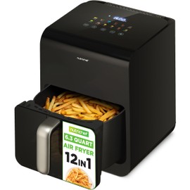 NutriChef 6 Quart Air Fryer - 1400W Large Digital Airfryer, LED Touch Display, 12 Cooking Presets, 360° Hot Air for Even Heat, Adjustable Temp/Timer, Non-Stick Basket, Transparent Window (Black)