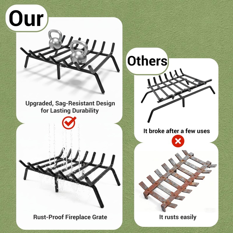 24 Inch Fireplace Grate, 1/2" Solid Steel Fireplace Log Holder,