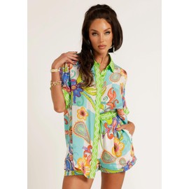 WUMODA Women's Printed 2 Piece Set 2025 Button Down Shirt and Shorts with Pockets Summer Beach Set