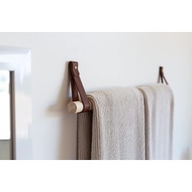 KEYAIIRA - Leather & Wood Hand Towel Rail Kit, Towel Holder Bathroom, Kitchen, RV, Kit Includes Leather Strap Hook, Walnut or Birch Dowel, Gold/Brass Hardware, Simple Design, Small Space Organization