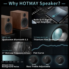 HOTMAY Bluetooth Bookshelf Speakers, 75W Powered Active Speaker with 4 Inch Woofer, HiFi Speaker with aptX Bluetooth USB for Home, Studio, Gaming, Set of 2, Bronze