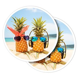 Vinyl Round Stickers (Set of 2) 10cm - Holiday Pineapple Couple Surf Beach for Laptops, Tablets, Luggage, Scrap Booking, Fridges #51168