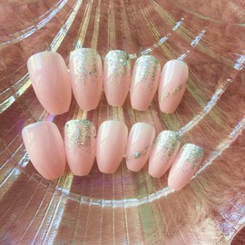 YONAIL Short False Nails with Glue Press On Nails Coffin Design False Nails Glitter Glue On Nails for Women and Girls Ballerina Acrylic Stick on Nails Art