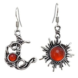 Vintage Style Silver Sun and Moon Hook Silver earrings for women gifts for women silver drop earrings (Red)