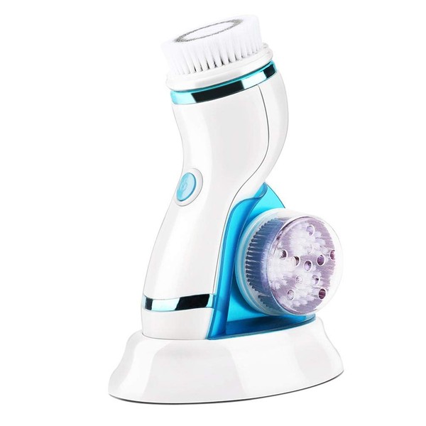 4-in-1 Electric Facial Cleansing Brush, Facial Cleanser with 2 Speeds Including Removable Handle and 4 Brush Heads (Blue)