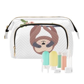 Kjovgcb Women Wave Quilt Cosmetic Bag, Zipper Toiletry Storage 10.2x5.9x6.7 in, Pouch Handbag Makeup Case Purse Holder Organizer Print Sloth On Tree Trunk With Flowers