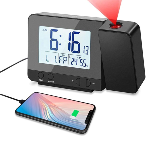 Réveil Projecteur Digital avec Grand Affichage LCD, Projection Plafond, Horloge Numerique avec Double Alarmes, Fonction Snooze, Thermomètre Intérieur