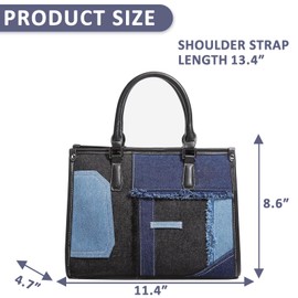 Denim Tote Bag, Patchwork Shoulder Bag, Vintage Purse for Women Vacation Travel Daily Matching(Dark)