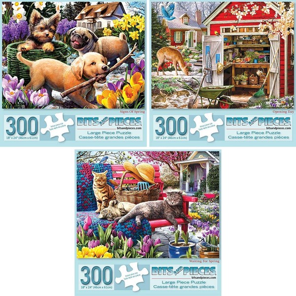Bits and Pieces - Value Set of Three (3) - 300 Piece Jigsaw Puzzles for Adults - Spring Collection Large Piece Jigsaws by Artist Larry Jones - 18” x 24”