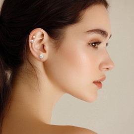 Frigotine Silver Cubic Zirconia Pearl Small Ball Stud Earrings Stack Set for Woman, Dainty Square CZ Rhinestone Cluster Multiple Piercing Cartilage Studs Earing Wedding Prom Fashion Jewelry Gift