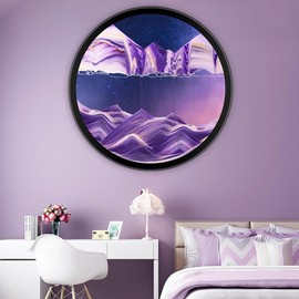PROEATS 3D Moving Sand Wall Art, Wall Mounted Sculpture Deep Sea Sandscape Sand Art Liquid Motion, 360°Rotate Glass Crafts Solid Wood Frame, Relaxing Mood Home Office Work Decor,24in-Purple