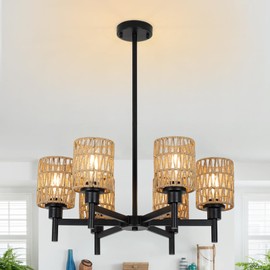 Airposta Rattan Farmhouse Chandelier for Dining Room, Black Pendant Lights Kitchen Island Lighting, Boho Chandeliers Ceiling Hanging Lamp, Rustic Dining Room Light Fixture for Living Room Bedroom Hall