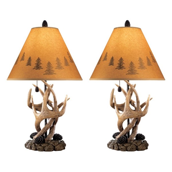 Signature Design by Ashley Derek Rustic Table Lamp with Antler, Pinecone and Rock Accents, 2 Count, Brown
