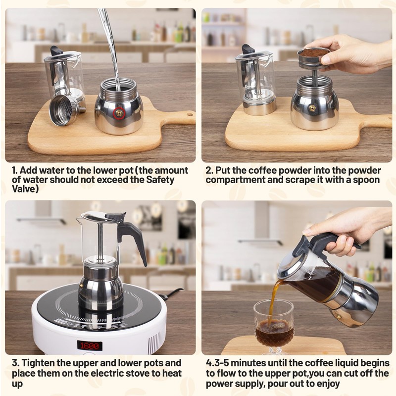 Vaolvpant 4 Cup Glass Clear Moka Pot Thickened 304 Stainless