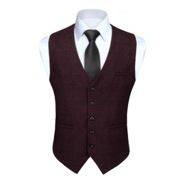 HISDERN Burgundy Waistcoats for Men Formal Plaid Waistcoat Casual Wedding Classic Check Suit Vest with Pockets XL