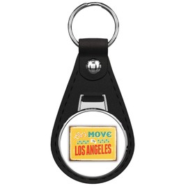 Let's Move To Los Angeles Vintage Travel Label Keychain Black Premium Leather Key Chain with Key Ring