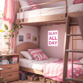 Slay All Day Metal Sign, Tin Sign Funny Posters Pink Room Decor for Teen Girls Preppy Room Decor Aesthetic Bedroom Wall Decor Living Room Coquette Room Decor Pink Stuff 8 x 12 Inch