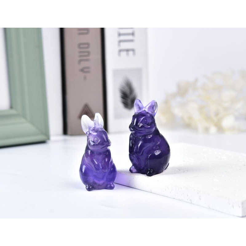 AMOYSTONE Stone Rabbit Figurines Purple Fluorite Bunny Crystal Statue Decor