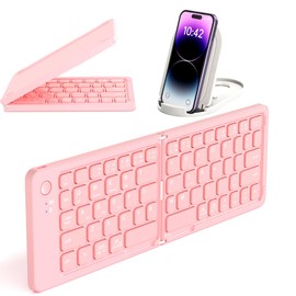 COOFUN Wireless Keyboard, Foldable Wireless Bluetooth Keyboard with Holder Travel Portable Rechargeable Keyboard for Mac Android Windows iOS,Support 3 Devices (BT5.1 x 3) Pink