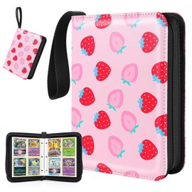 Card Binder 400 Pocket, 50 Sleeves Trading Card Holder, Card Binder Album with Cute Strawberry Patten for Cards, Card Collector, Photos, Trading Card Folder For Kids Girls, Pink