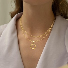 Gold Layered Necklaces for Women - Sterling Silver Twisted Necklace Fashion Stackable Pendant Necklace Set Double Paperclip Chain Adjustable Twist Circle Charm Necklace Gifts for Christmas Birthday