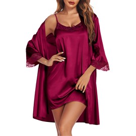 Ekouaer Sleepwear Women's Satin Nightgown with Robes Set 2 Piece Sexy Lace Cami Nightwear Wine Red XL