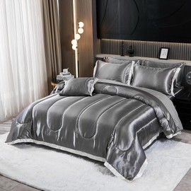 Grey Bedding Comforter Set Queen Size 8 Pieces Silky Sheet Set with White Ruffle Design Home Decor Silk Like Satin Bed in a Bag with 1 Cushion Cover (Queen, Grey)