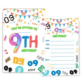 Fablus 9th Birthday Invitations for Boys, Girls, Number 9 Birthday Party Invitaions for Ninth Party Invites, 4x6 Inches, 30 Sets with Envelopes