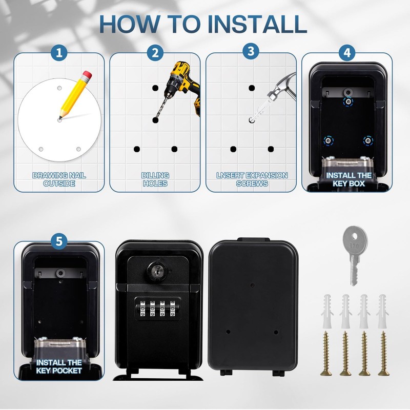 Key Lock Box for Outside, Keybox,Wall Mounted Key Safe Box,