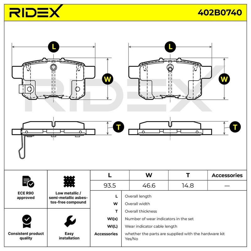 RIDEX Brake Pads 402B0740 Rear 14.8 mm 93.5 mm 46.6