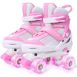 LEJIJIT Girls Roller Skates for Kids Child Beginners, Adjustable 4 Sizes Roller Skates for Kids and Youth with Light Up Wheels, Quad Pink & White Roller Skates for Sports (Large 4-7 US)