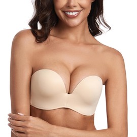 Lemorosy Women's Strapless Bra Push Up Anti-Slip Push Size Support Lift Up Wirefree Bra(Wing Beige,38A)