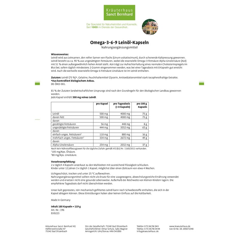 Sanct Bernhard Omega 3 6 9 Linseed Oil – 180