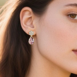 Elegant Austrian Crystal Teardrop Dangle Earrings for Women,14K Gold Plated Snowflake Drop Earrings Jewelry Gift for Birthday Wedding Anniversary (Antique Pink)