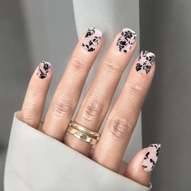 Hadutrek Press On Nails- Black French, Short Square French Tip Nails, Stick On Nails for Women Girls Gift, Reusable Short Glue On Nails Kit