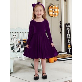 URMAGIC Toddler Girl Fall Winter Clothes Velvet Long Sleeve Swing Twirl Skater Dress with Hairband Baby Christmas Outfit 2-7Y Purple