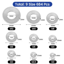 BASVII Washers Stainless Steel 684 Pieces - Washers Set with Sorting Box - Washers Assortment for 9 Different Sizes (M2 M2.5 M3 M4 M5 M6 M8 M10 M12)