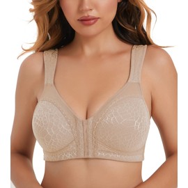 Curyon Minimizer Bras for Women Front Closure Back Support Full Figure Jacquard Beige 36C