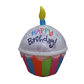 4 Foot Tall Cute Happy Birthday Inflatable Cupcake with Candle Lighted Blowup Party Decoration for Outdoor Indoor Home Celebration Garden Yard Prop