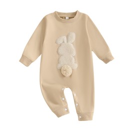 Baby Girl Boy Easter Outfit Bunny Embroidery Romper with Pompom Tail Rabbit Jumpsuit Neutral Newborn Coming Home Photo (Khaki, 0-3 Months)